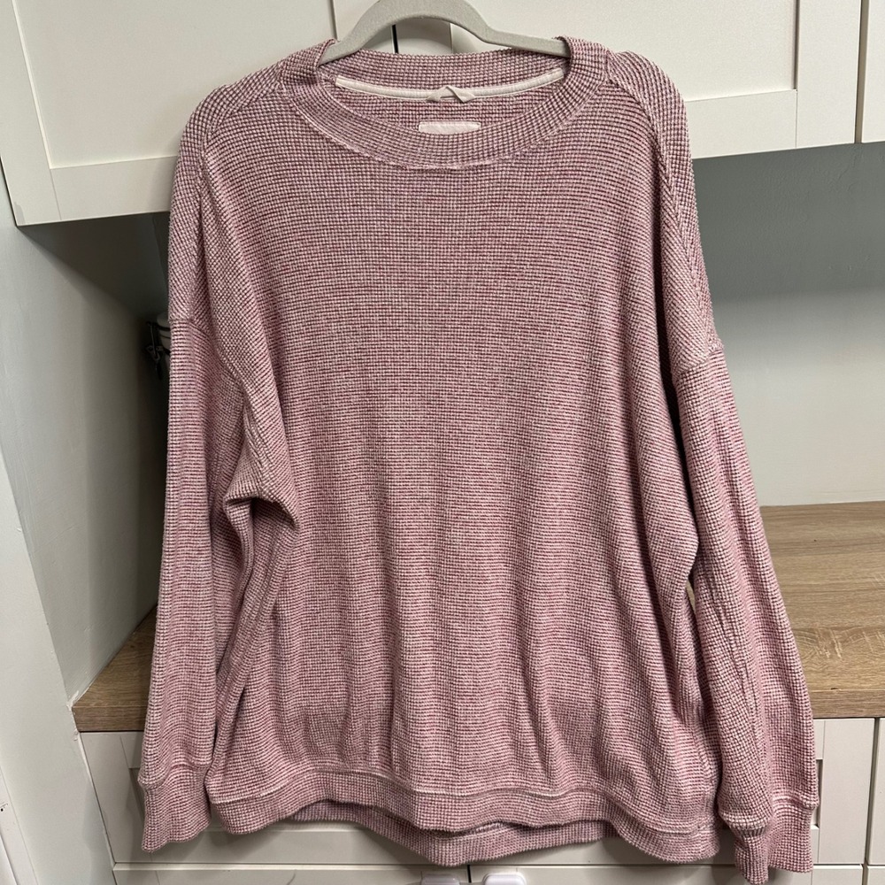 Aerie Getaway Waffle Sweatshirt Women M Cherry Tart Long Sleeve Oversize Thermal